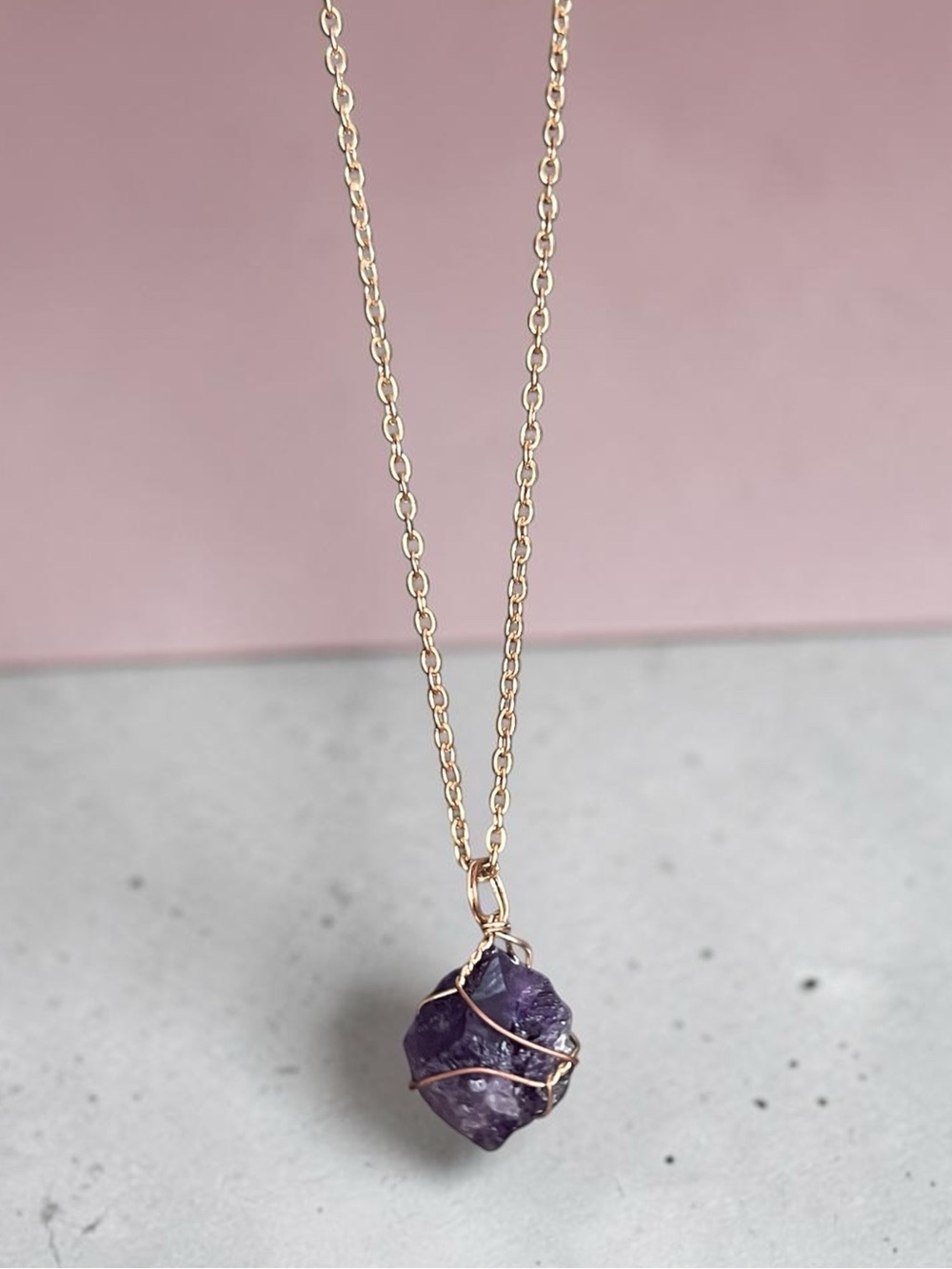 AMETHYST raw cut natural wire wrapped stone with gold chain NEW